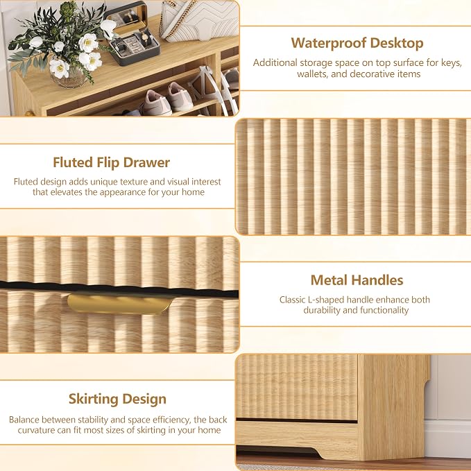 HUANLEGO Shoe Cabinet Storage for Entryway with 3 Flip Drawers, Oak Fluted Shoe Cabinet with Adjustable Shelves, Wooden Hidden Shoe Rack Freestanding Narrow Slim Shoes Storage for Hallway, Entrance