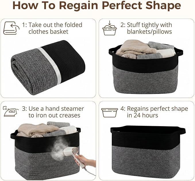OIASKET 108L Cotton Rope Storage Basket for Living Room and Bedroom 25"x16"x16" Woven Laundry Basket, Heavy Duty Bin for Blankets, Pillows & Toys, Pet-Safe & Scratch-Free, Black