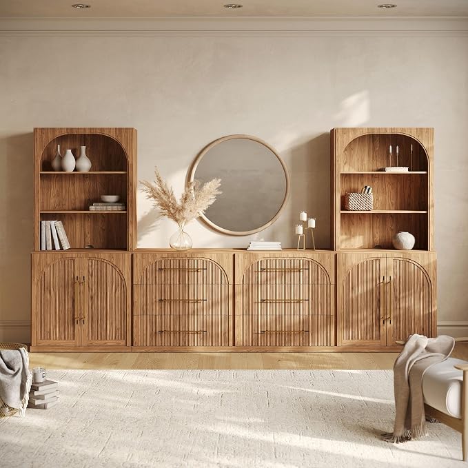 BELLEZE 6-Piece Modular TV Stand Set - 2 Double-Arc Wood Door Sideboards, 2 Sideboards with Drawers, and 2 Hutch Cabinets, Classic Modern Media Console with Adjustable Shelves for Living Room(Camel)