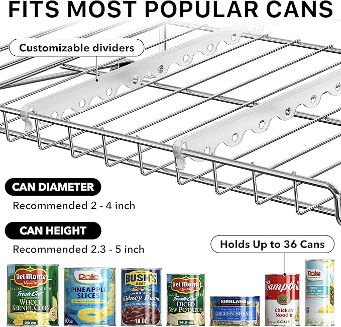 Simple Houseware 3-Tier Stackable Can Organizer Rack Hold 36 Cans, Chrome | Can Food Storage Dispenser for Pantry/Cabinet, Adjustable Dividers – 11.5" D x 17" W x 13.75" H