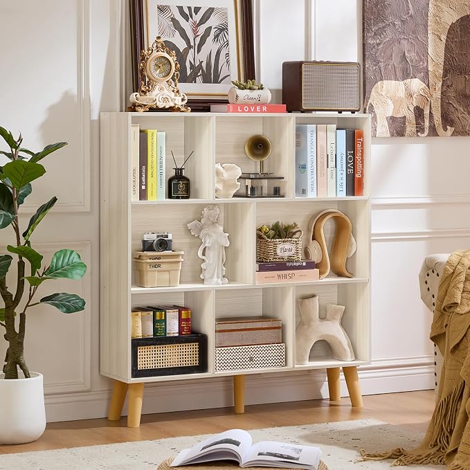 LEYAOYAO 8 Cube Bookshelf,Mid-Century Modern Bookcase with Legs,Light Grey | 3 Tier Book Shelf,Rustic Wood Bookshelves Freestanding Large Storage Organizer, Open Shelves for Bedroom, Living Room, Office