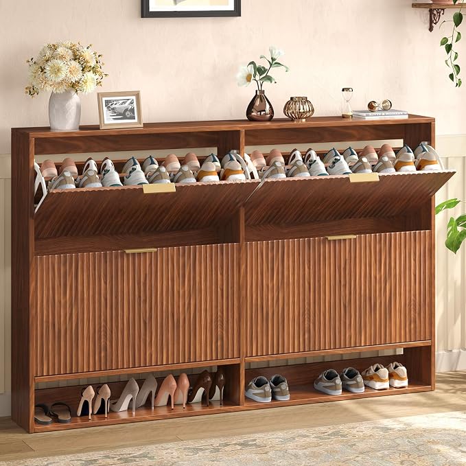 Hootata 47.2''W Walnut Shoe Storage Cabinet for Entryway with 4 Flip Drawers, Fluted Slim Shoe Cabinet, Free Standing Wooden Shoes Organizer for Foyer, Hallway