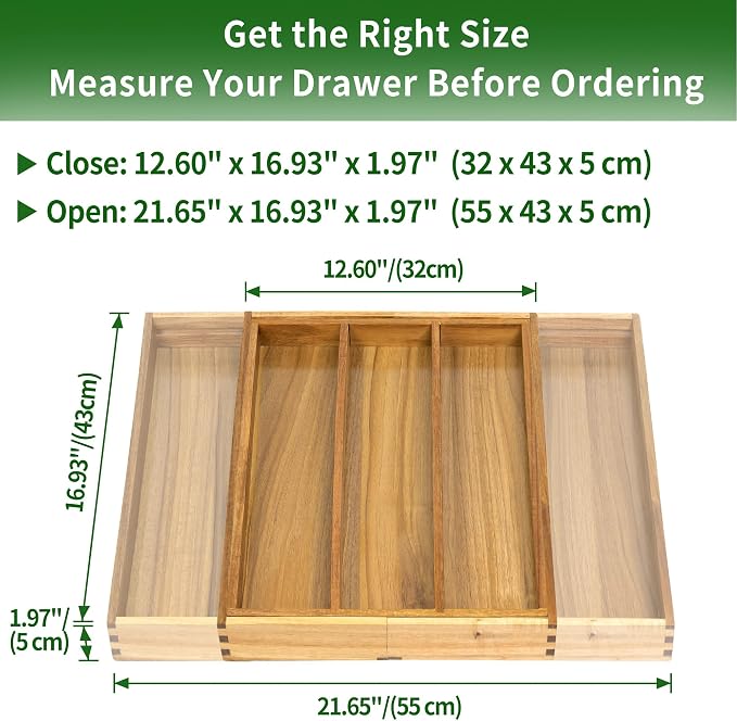 VaeFae Bamboo Drawer Organizer, Large, Acacia | Expandable Silverware Organizer, Kitchen Utensil Storage, Wooden Cutlery Tray with Dividers, Fork and Spoon Holder