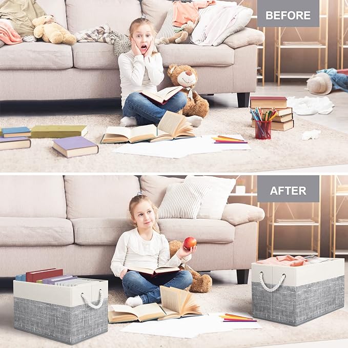 Fab totes Storage Bins 6-Pack, Foldable Storage Baskets for Organizing Toys, Books, Shelves, Closet, Large Storage Box with Rope Handles, Sturdy Organizer Bins, White & Grey