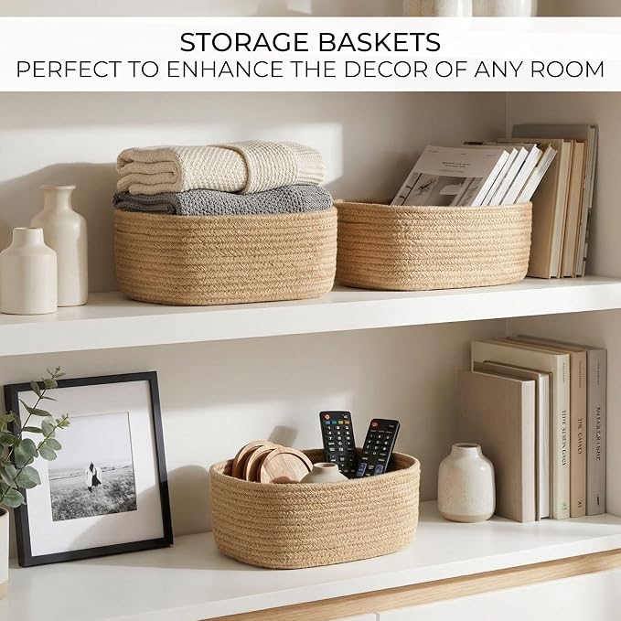 Beautiful Storage Basket Set of 3 - Sturdy Jute Rope Baskets for Shelves Are Perfect for Organizing Your Home - Quality Storage Bins Easily Fit With Any Nursery or Bedroom Decor