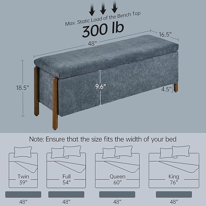 Usaint Wooden Storage Ottoman Bench, 47" Fabric Upholstered End of Storage Bench with Rubberwood Legs, Entryway Bench with Storage for Bedroom, Living Room, Reception, Cloakroom, Blue