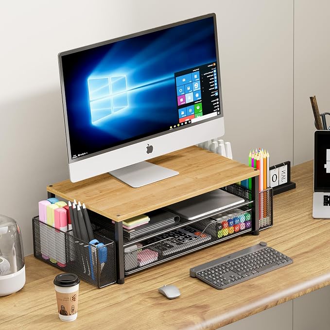 OPNICE Desk Organizers and Accessories, Computer Monitor Stand Riser with Drawer and 2 Pen Holders, Printer & Laptop Stand, Office Desk Accessories & Workspace Organizers for Home Office Supplies, Oak