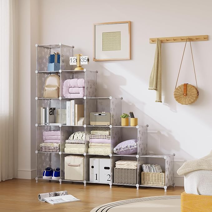 UNKU 16 Cube Storage Organizer, Closet Organizer Storage Shelf,Translucent | DIY Stackable Bookcase, Clothes Organizer Shelves for Closet, Bedroom, Living Room, Cabinet, Home, Office