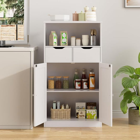 Walsunny Floor Storage Cabinet, Organizer with Doors and Drawers, Freestanding Side Cupboard Pantry with Adjustable Shelf for Bathroom/Living Room, White