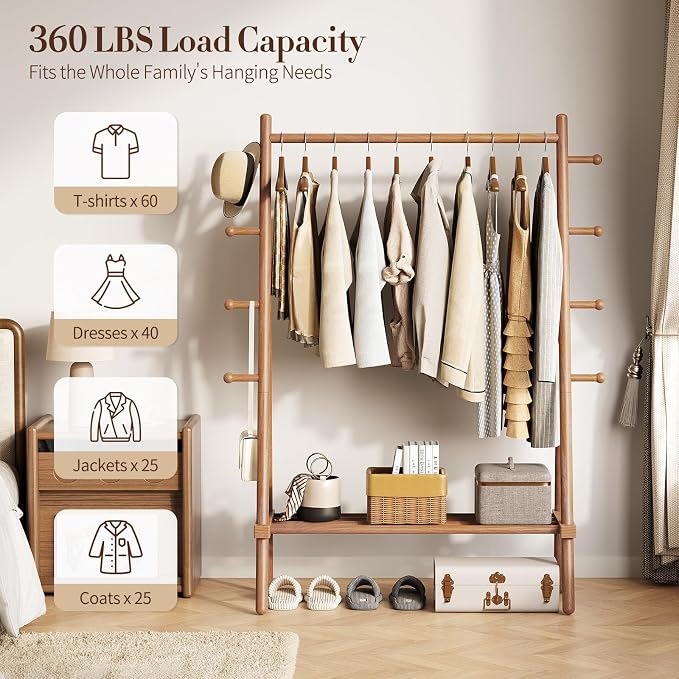 Yoobure Solid Wood Clothes Rack - Heavy Duty Clothing Racks for Hanging Clothes with 8 Hooks, Portable Garment Rack for Dress Shirt Shoe, Freestanding Wardrobe Coat Racks with Shelf for Closet Bedroom