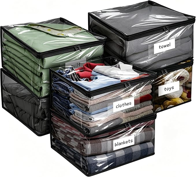 Kikerike Plastic Storage Bags with Easy-Glide Zipper, Pack of 6, Durable Clear Vinyl Zippered Storage Bags for Clothes Sweaters Comforters Blankets Sheets Bedding (21.6 x 13.7 x 12.4 Inch, Black)