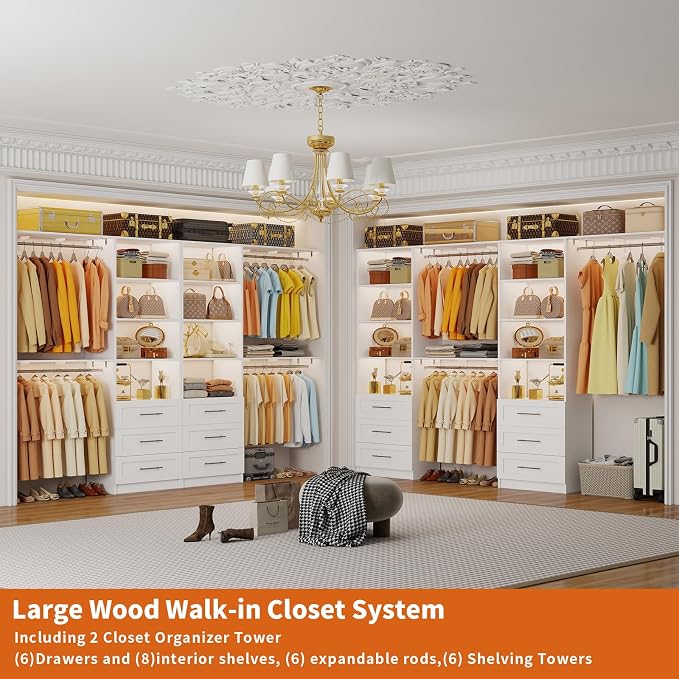 Closet System with 6 Drawers, 6-12.3FT Closet Organizer System Wood with 8 Shelves & 6 Expandable Hanging Rods, Closet Systems Kit for Walk in Closets, Modular Closet Organizer Systems, 2 Sets,White