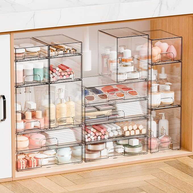 12.1''W Clear Stackable Storage Drawers,2 Pack Acrylic Drawer Organizer for Hair Accessories,Makeup Organizers,Plastic Organizer Bins for Vanity,Bathroom,Cabinet,Desktop,Office Supply Organizer