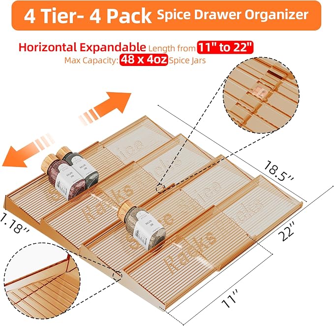 PanPanPal Spice Drawer Organizer, 4 Tier- 4 Pack Amber Acrylic Drawer Seasoning Organizer, Expandable From 11'' to 22'' Kitchen Spice Rack Organizers and Storage for Drawer (Jars not included)