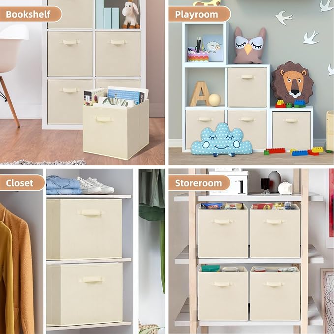STORAGE MANIAC Storage Cubes, 13 Inch Collapsible Storage Bins with Handles, 6 Pack Fabric Foldable Bins for Organization, Durable Storage Bins for Closet, Shelves, Offices, 6-Pack Beige