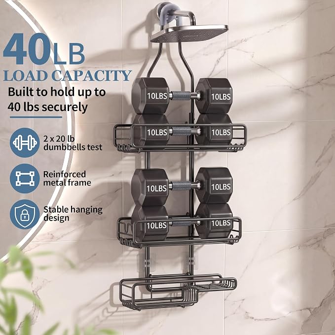 Skyapex Shower Caddy Hanging Bathroom Organizer: Over Head Adjustable Rack for Tall Showerhead - Extra Large Storage Shelf for Big Shampoo Bottles with Soap Holder
