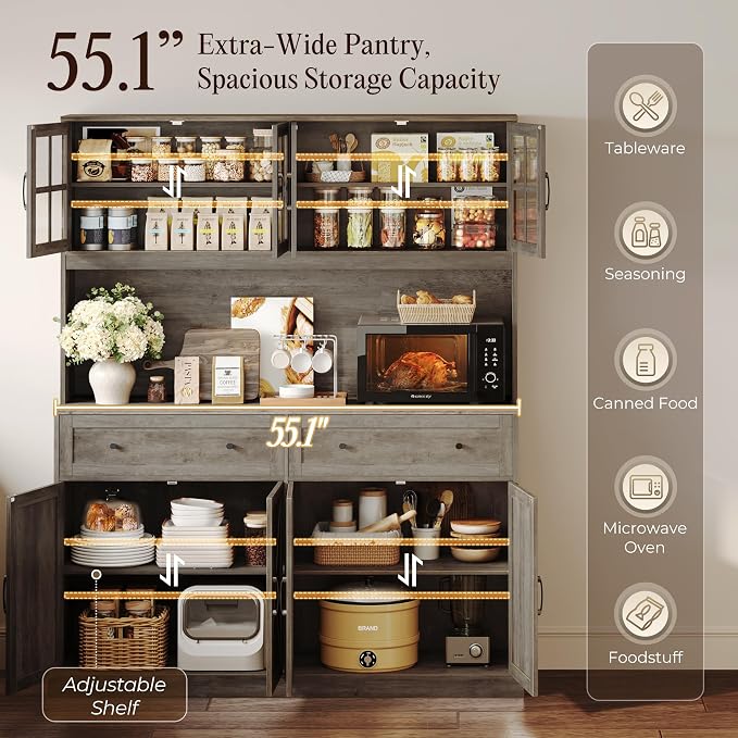 71''H x 55.1''W Pantry Cabinet with Charging Station, 4 Wide Cabinets Kitchen Pantry with 2 Drawers, Farmhouse Hutch Storage Cabinet, Tall Coffee Bar, Acrylic Door, Adjustable Shelves, Grey