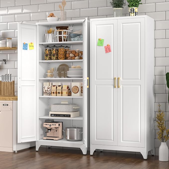 Polup 75" Pantry Cabinet, Tall Metal Storage Cabinet with Doors and Shelves | White Kitchen Cabinet, 5 Adjustable Shelving, Heavy-Duty Steel, Gold Handles, 4 Standing Feet, for Garage Office & Laundry