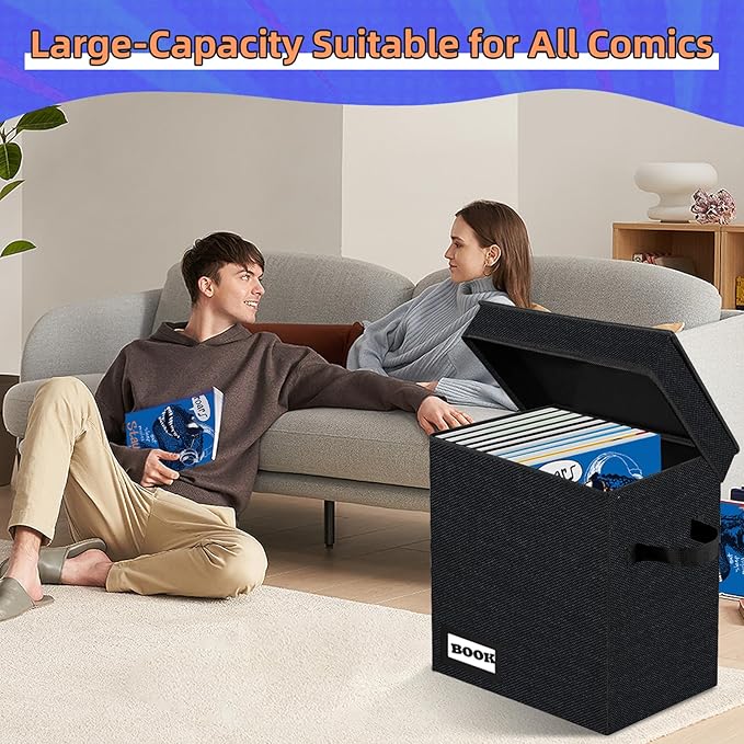 2 Pack Comic Book Storage Short Box, 11.8" X 9.8" X 7.8", Holds 100-120 Collection Book, Heavy Duty Comic Collection Gift Bin Container Holder Shelf (Black)