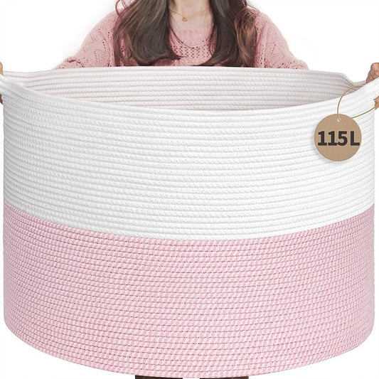 INDRESSME 115L Extra Large Pink Laundry Basket for Stuffed Animal Storage | 23.6" x 15.7" Pink room decor woven rope basket for baby luandry, kids toys pillows. For girls room & nursery, soft-touch