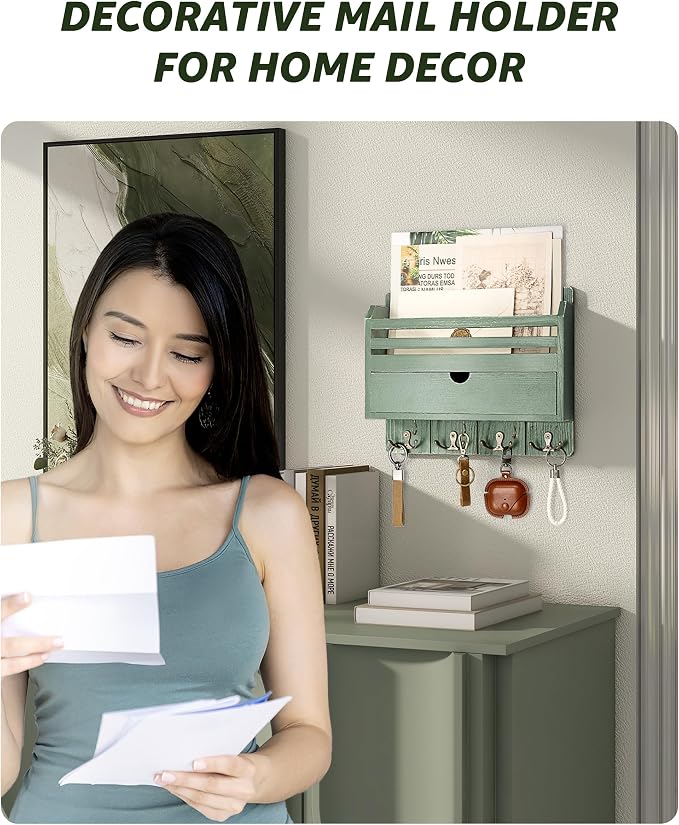 Rebee Vision Mail Organizer Wall Mount with Drawer for Home Decor, Green | Pine Wood, Key and Mail Holder for Wall, 7 Key Hooks, Drawer Organizer, Letter Sorter, Apartment Essential, Room Decor