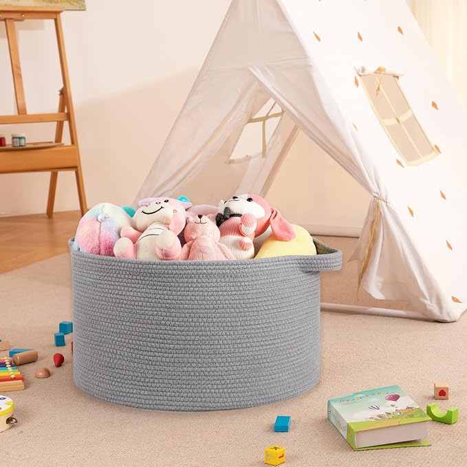 OIAHOMY 90L Extra Large Blanket Basket - Decorative Cotton Rope Storage Basket for Bedroom, Living Room & Nursery - Woven Laundry Hamper for Organizing Blankets, Clothes & Toys - Light Grey