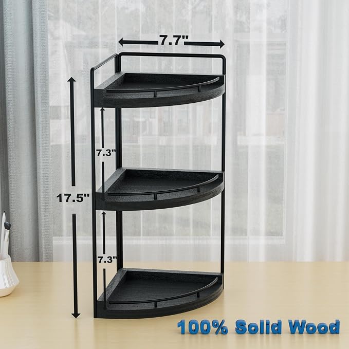 Corner Bathroom Counter Organizer, 3 Tier Bathroom Sink Shelf Countertop, Wood Vanity Skincare Storage for Toiletries Decor, Makeup, Dresser(Black)