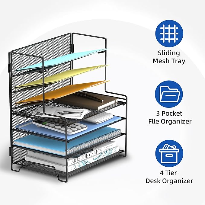 7 Tier Desk File Organizer with Letter Trays and File Holders Black | 7 Tier Metal Mesh Paper Organizer for Desk with Letter Trays and File Holders for Papers, Folders and Office Supplies