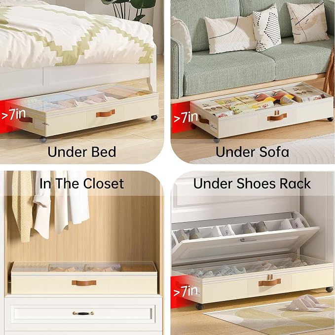 Yecaye Under Bed Storage with Wheels, 65L Under Bed Storage Containers with Adjustable Dividers & Clear Lid, Rolling Underbed Organizer Bins Drawer for Clothes, Shoes, Blankets, 2 Pack