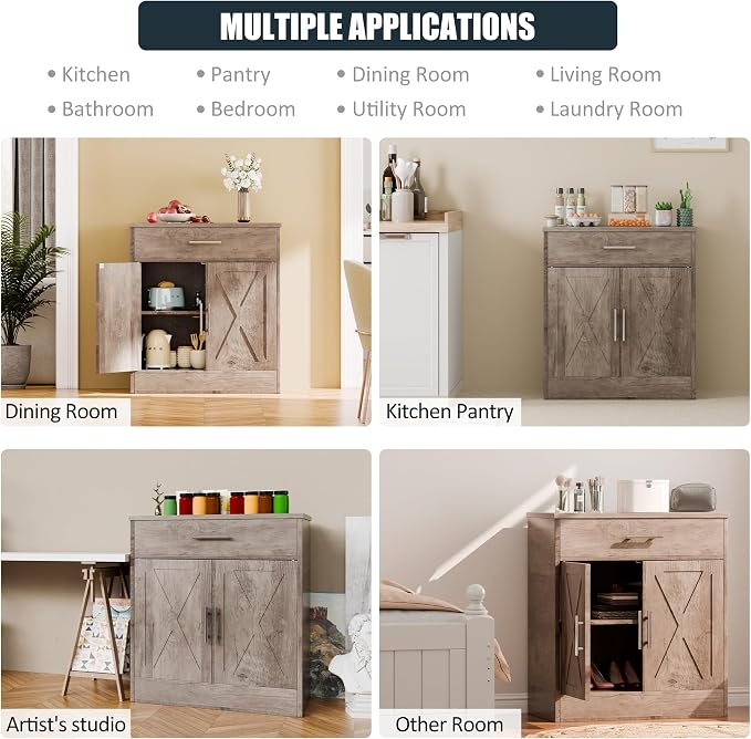 Kitchen Buffet Sideboard Cabinet, Wooden Storage Cabinet with 2 Doors and 1 Drawers, Adjustable Shelf, Modern Farmhouse Coffee Bar Cabinet with Storage for Kitchen, Rustic Grey