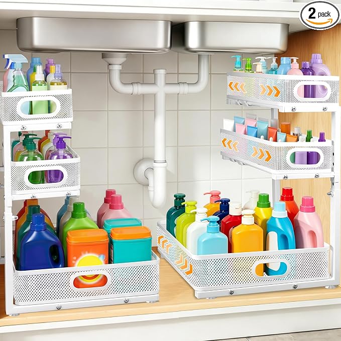 3 Tier Adjustable Under Sink Organizer for Bathroom & Kitchen(2Pack, White) | 35% More Storage, 5 Adjustable Heights, Sliding Pull Out,No Sliding, Heavy-Duty Steel Frame, Multi-Purpose Cabinet Organizer