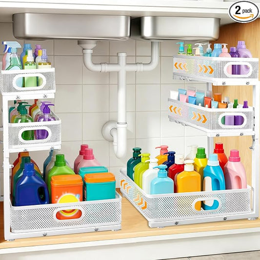 3 Tier Adjustable Under Sink Organizer for Bathroom & Kitchen(2Pack, White) | 35% More Storage, 5 Adjustable Heights, Sliding Pull Out,No Sliding, Heavy-Duty Steel Frame, Multi-Purpose Cabinet Organizer