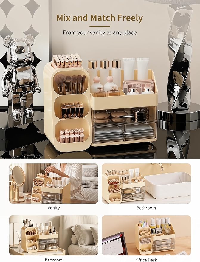 Booklov Large Makeup Organizer for Vanity Countertop, Cream | Clear Acrylic Cosmetic Display Case, Beauty Brush Holder for Bathroom Counter, Make Up Skincare Lipsticks Storage
