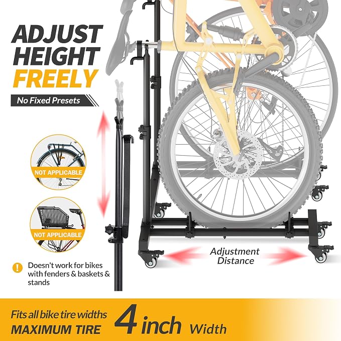 Bike Rack for Garage, Vertical Bike Stand (2 Pack), Fits bikes up to 29" | Freestanding Bike Stand With No Wall Mounting Or Drilling, Adjustable Height, Stores Up To 2 Bikes With Casters For Mobility