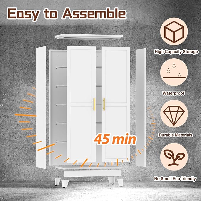 PAOFIN 75" Metal Kitchen Pantry Cabinet,White Storage Cabinet with Doors and 5 Adjustable Shelves, Cabinet with 2 Metal Handles,Tall Cabinet for Livingroom,Pantry, Bathroom,Kitchen
