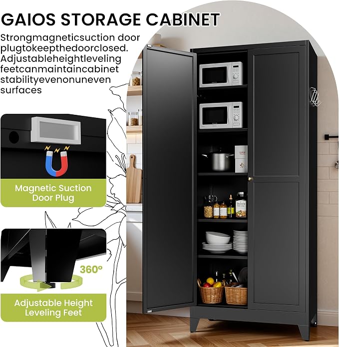 AQY 75" Pantry Cabinet, Black Freestanding Storage Cabinet with 5 Adjustable Shelves, Metal Pantry Cupboard with Ventilation Design & Hanging Hooks, 2-Door Kitchen Organizer for Living Room Kitchen | 5 Adjustable Shelves • Ventilated Metal Cabinet • Ha...