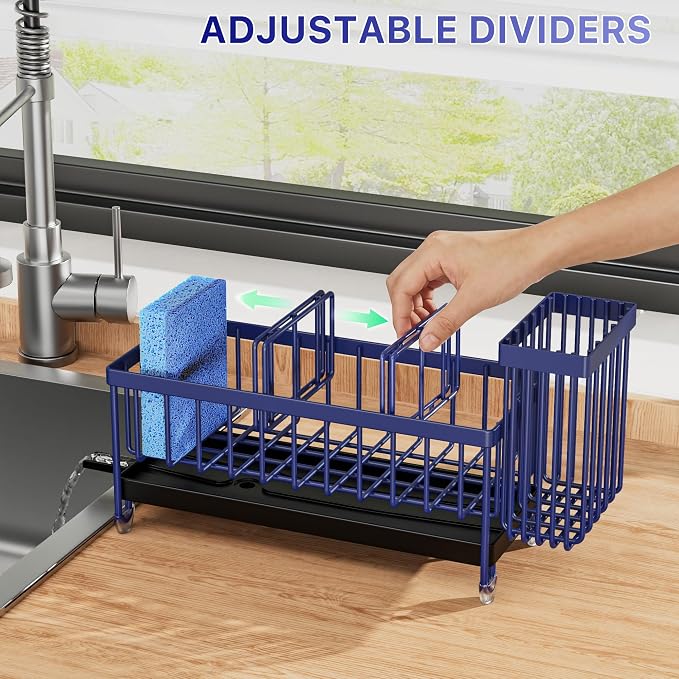 Cisily Sponge Holder for Kitchen Sink, Sink Caddy Organizer with High Brush Holder, Kitchen Countertop Organizers and Storage Essentials, Rustproof 304 Stainless Steel (Navy Blue, 9.25″)
