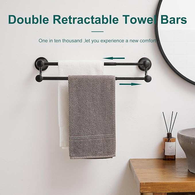 Hoimpro Adjustable Retractable 15-27 Inches Stainless Steel Bathroom Towel Bar, Bathroom Accessories Bath Hotel Double Towel Bar Rod Hanger Wall Mounted Towel Holder Towel Rack, Oil Rubbed Bronze | Oil Rubber Bronze, Adjustable 16-26", Wall Mounted, St...