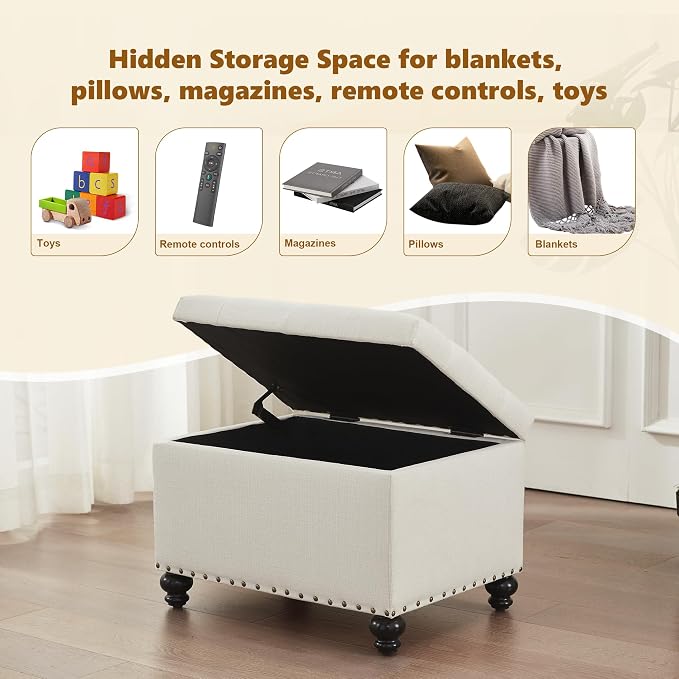 Zihanhome Small Storage Ottoman, Tufted Ottoman Foot Rest, Foot Stools, 24" Upholstered Rectangle Bench with Solid Wood Legs for Living Room, Bedroom, Dorms and Apartments (White)