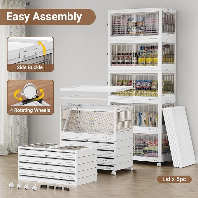 BROVIEW 360Qt Stackable Storage Bins with 3 Lids, Front and Side Open Doors, Plastic Collapsible Closet Organizer and Storage Cabinet, Foldable Box with Wheels Drawer for Home Office, 3Pack White