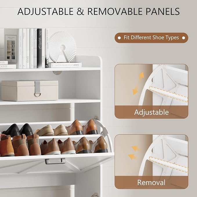 Shoe Cabinet with 2 Flip Drawers, Freestanding Hidden Shoe Storage Organizer for Entryway, Narrow Slim Shoe Rack Cabinet with Open Storage & Hooks for Front Door Entrance, Living Room, Hallway, White