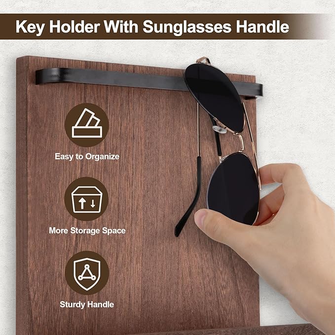 Key Holder Wall Mount, Key Holder for Wall with 4 Hooks, Farmhouse Key Hanger Holds Dog Leash, Sunglasses, Decorative Mail Organizer Home Decor (Brown)
