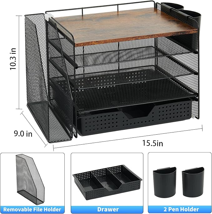 OPNICE Desk Organizer, 5-Tier Desktop File Organizer with Drawer and Pen Holders, Office Desk Accessories, File Sorters, Workspace Organizers for Office Supplies(Wood)