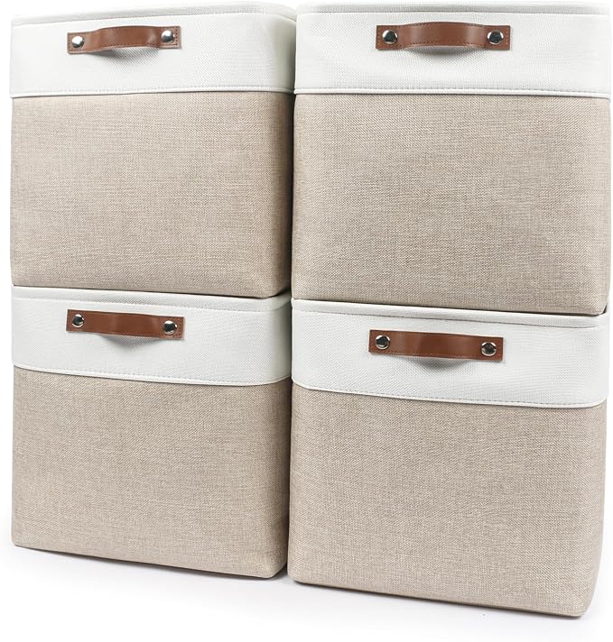 Bagnizer 13x13 Cube Storage Bins, Collapsible Fabric Storage Box, 4 Pack Closet Baskets with Handles for Organizing, Shelf, Toys, Clothes, Home, Office, Nursery (Beige&White)