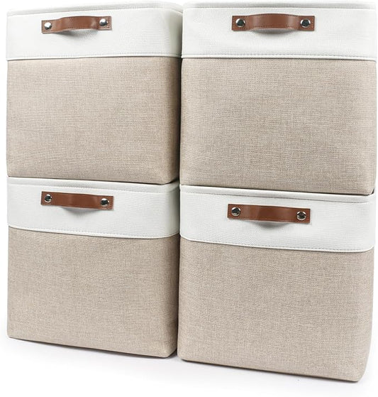 Bagnizer 13x13 Cube Storage Bins, Collapsible Fabric Storage Box, 4 Pack Closet Baskets with Handles for Organizing, Shelf, Toys, Clothes, Home, Office, Nursery (Beige&White)