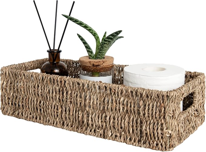 StorageWorks Wicker Seagrass Baskets, Toilet Basket Tank Topper | Small Toilet Tank Basket with Built-in Handles, Bathroom Basket Organizer and Storage for Bathroom Decor