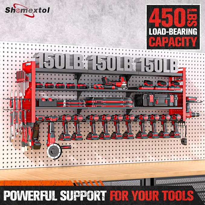 49.8" Power Tool Organizer Wall Mount,Holds 14 Cordless Drills | Large 4-Tier Tool Storage Rack, Heavy Duty 450 lb Load Capacity for Garage Workshop, Black, Gift for Men