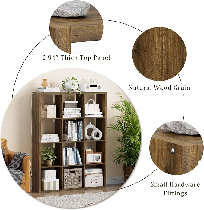 VDNEND Cube Storage Organizer Bookcase, Decorative 11 inch Open Back Cubical Shelf with Thickened Border, Display Bookshelf for Living Room, Home Office, Sturdy Room (Brown, 12 Cube)