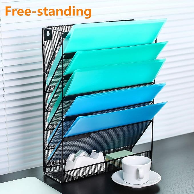 Delifox 7 Compartment Wall Mounted Hanging File Organizer for Office | Wall File Holder Sturdy Metal Mesh Desk Organizers