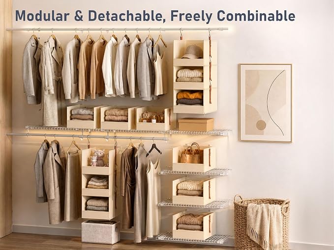 DIMJ Hanging Closet Organizer - 6-Tier Modular Hanging Shelves with Zippers Hooks, Collapsible Baskets for RV, Dorm, Small Spaces, Fabric Storage Bins for Clothes, Handbags